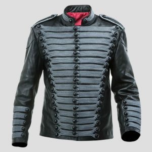 Sleek Leather Hussars Jacket: Contemporary Style with Grey Frogging