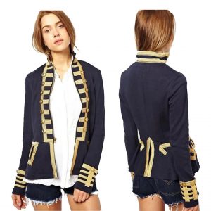 Commanding Elegance: Women's Blue and Red Wool French Terry Officer's Military Band Jacket"