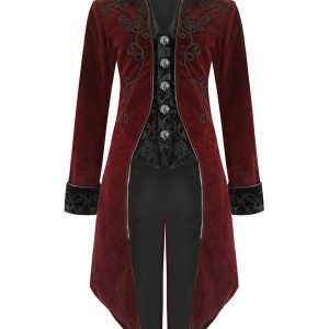 Regency Red Velvet Tailcoat: Gothic Steampunk Aristocrat's Style.