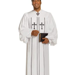 Men's Pulpit Robe Cleric White Wonder Crepe with black piping
