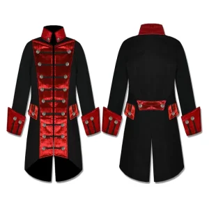 Men's Handmade Red Velvet Trim Pirate Men Gothic Coat