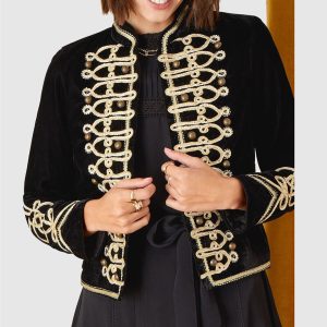 New Black Velvet & Silver Braid Military Jacket